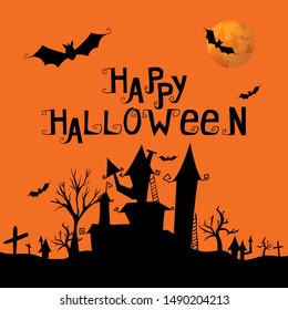 Halloween banner with silhouettes (bats, trees, witch house, moon, landscape) and hand drawn decorative lettering. Vector illustration, background for cards, posters, invitations