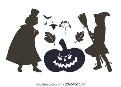 Halloween banner with silhouettes of children with Jack-o-lantern, flat vector illustration isolated on white background. Kids contour drawing for Halloween cards and banners.