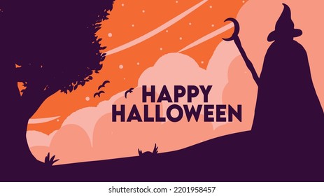 Halloween banner, with silhouettes of Witch and Bat.