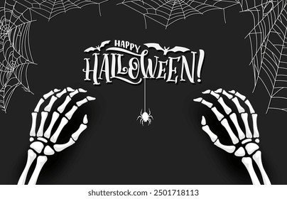 Halloween Banner mit Skelett Händen und Spinnennetz. Vektorhintergrund mit knöchernen Armen reicht aus, Fledermäuse und Spinne hängen gruselige Netze herunter und schaffen eine wirbelsäulenartige Szene, die Schauer die Wirbelsäule hinunter schickt