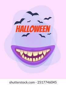 Halloween banner with smiling monster month and flying bats on abstract background. Celebration, party, holiday concept. Vector illustration for invitation, postcard or poster