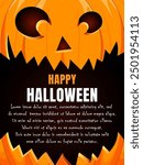 Halloween banner with smiling pumpkin on orange background and text Happy Halloween. Holiday card, party invitations and other Halloween events. Vector illustration.