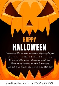 Halloween banner with smiling pumpkin on orange background and text Happy Halloween. Holiday card, party invitations and other Halloween events. Vector illustration.