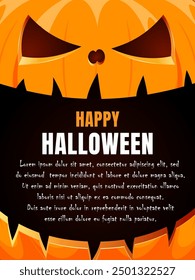 Halloween banner with smiling pumpkin on orange background and text Happy Halloween. Holiday card, party invitations and other Halloween events. Vector illustration.