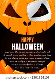 Halloween banner with smiling pumpkin on orange background and text Happy Halloween. Holiday card, party invitations and other Halloween events. Vector illustration.