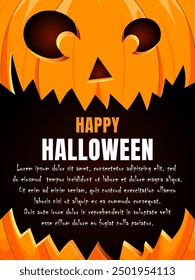 Halloween banner with smiling pumpkin on orange background and text Happy Halloween. Holiday card, party invitations and other Halloween events. Vector illustration.