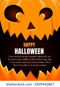 Halloween banner with smiling pumpkin on orange background and text Happy Halloween. Holiday card, party invitations and other Halloween events. Vector illustration.