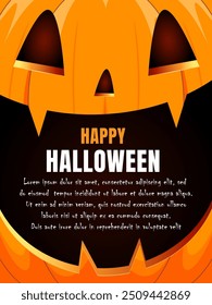 Halloween banner with smiling pumpkin on orange background and text Happy Halloween. Holiday card, party invitations and other Halloween events. Vector illustration.