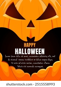 Halloween banner with smiling pumpkin on orange background and text Happy Halloween. Holiday card, party invitations and other Halloween events. Vector illustration.