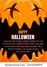 Halloween banner with smiling pumpkin on orange background and text Happy Halloween. Holiday card, party invitations and other Halloween events. Vector illustration.