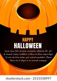 Halloween banner with smiling pumpkin on orange background and text Happy Halloween. Holiday card, party invitations and other Halloween events. Vector illustration.