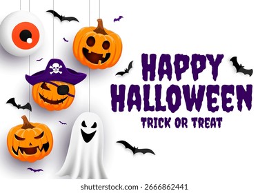 Halloween Banner mit lächelnden Kürbissen Hintergrund und Text Happy Halloween. Halloween Grußkartendesign. Vektorgrafik.