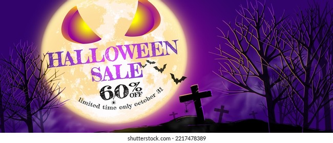 Halloween banner special sale 60% off purple pink background banner with full moon, bats, spiders, cobwebs, tombstones and crosses Designed to promote online sales.