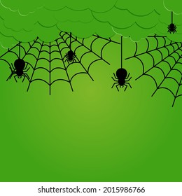 Halloween banner with Spider Hanging from Cobweb on green Background with night clouds and Copy Space place for text. paper cut style.Vector illustration.