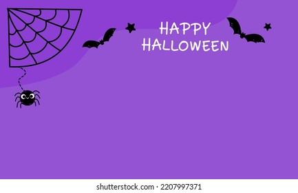 Halloween banner with spider, web, bat, star and hand written font on purple background vector illustration.