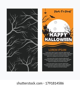 Halloween banner with spooky house, dead tree, and spooky pumpkin, write your text here