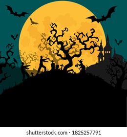 Halloween banner In Spooky Night with zombie and witch - Happy Halloween vector. halloween pattern easy to color adjustment