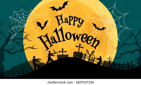Halloween banner In Spooky Night with zombie - Happy Halloween vector. halloween pattern easy to color adjustment