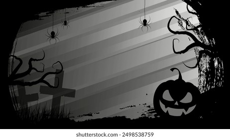 Halloween banner with spooky pumpkin, spiders, scary trees and black brush strokes. Black and gray color. Vector illustration.