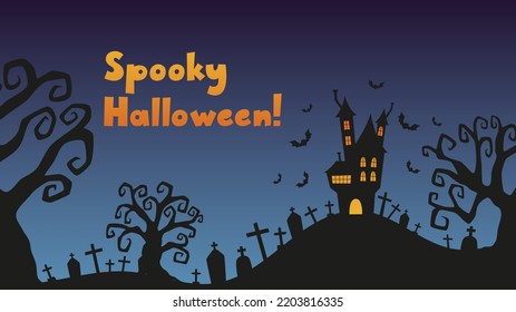 Halloween banner with spooky trees, cemetery and haunted house on dark blue background. Vector illustration for web design, prints, postcards, party invitations