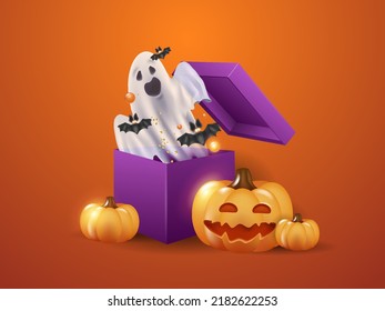 Halloween banner template with 3d funny pumpkins, sweets, ghost, bats flying out of the box. on an orange background.