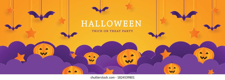 halloween banner template with cloud paper cut style and pumpkin cute cartoon character, bat, happy party holiday, layout design background vector