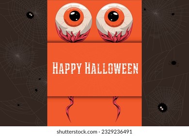 Halloween banner, template creepy crazy couple eyes  Eyeball with nerve root, orange spider and white spiderweb. Holiday web flyer