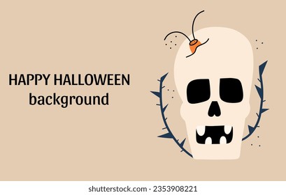 Halloween banner template with creepy skull and cockroach. Vector illustration in hand drawn style.