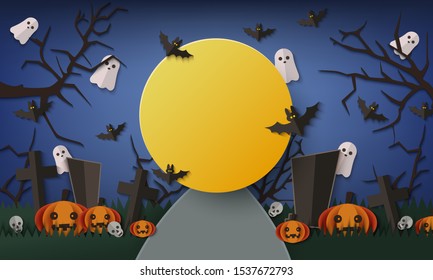 Halloween banner template of dark night with big yellow moon frame on graveyard background with flying bats and ghosts, spooky trees and pumpkins - scary vector illustration