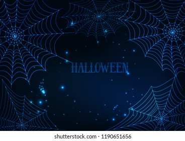 Halloween banner template with glowing spider webs and text on dark blue background. Futuristic design vector illustration.