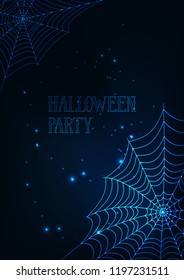 Halloween banner template with glowing spider webs and text on dark blue background. Futuristic design vector illustration.