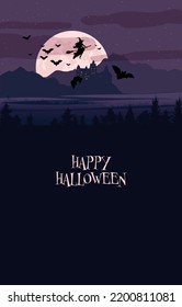 Halloween banner, template, greeting card. Flying witch, silhouettes of bats, full moon, dracula's castle and scary forest.