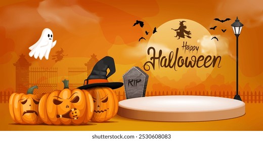 Ilustração de modelo de banner de Halloween com abóbora, fantasma, jack-o-lantern, chapéu de bruxa, design assustador perfeito para fundo de banner de promoção de negócios