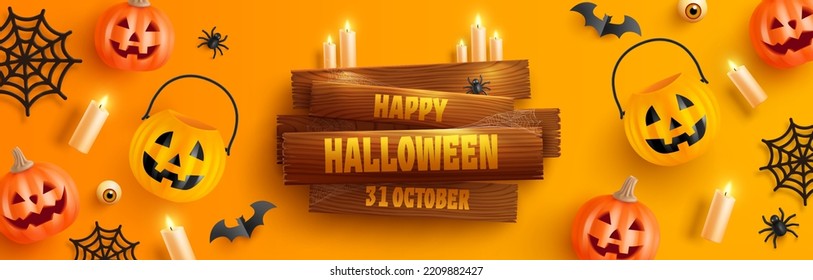 Halloween banner template with Old wooden board,halloween bucket,pumpkin ghost,candle and Halloween Elements on orange background. Website spooky,Background or banner Halloween template