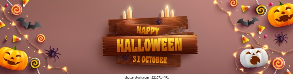 Halloween banner template with Old wooden board,Halloween Ghost Balloons,Pumpkin.Scary air balloons,bat,candy and Halloween Elements.Website spooky,Background or banner template