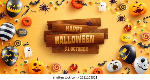 Halloween banner template with Old wooden board,Halloween Ghost Balloons,Pumpkin.Scary air balloons,bat,candy and Halloween Elements on yellow background