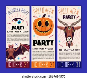 Halloween banner template. Place for your text. Vector illustration with Goat, Pumpkin, Bat.  Great design for Halloween party, menu, or invitation. 