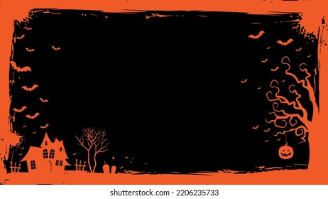 Halloween banner template with pumpkin, haunted house, flying bats border illustration