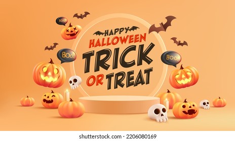 Halloween banner template with pumpkin and minimal podium pedestal product display background and Halloween Elements. Website spooky,Background or banner Halloween template