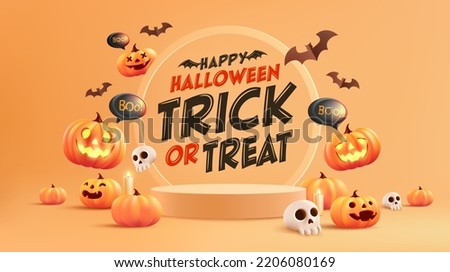 Halloween banner template with pumpkin and minimal podium pedestal product display background and Halloween Elements. Website spooky,Background or banner Halloween template