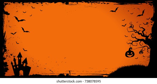 The Halloween Banner Template With Pumpkin, Scary House And Flying Bat Border