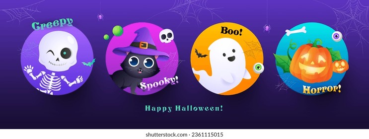 Halloween banner template with pumpkin, skull, black witch cat and ghost on colorful circle purple background. Website spooky, background or banner halloween template. Vector illustration.