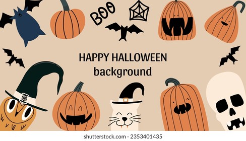 Halloween banner template with pumpkins, vampire cat, owl, skull, bats. Vector illustration in hand drawn style.