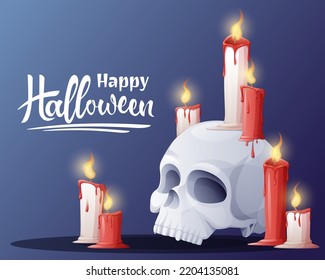 Halloween banner template with skull and candles. Vector background for posters, flyers, banners.