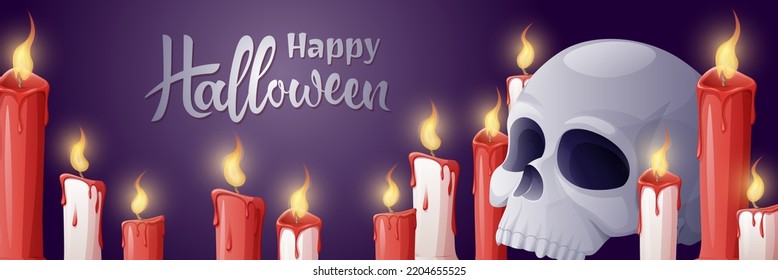 Plantilla de banner de Halloween con calavera y velas. Fondo vectorial para afiches, volantes, pancartas.