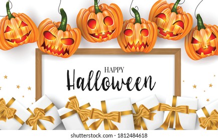 Halloween banner template. Smiling pumpkin faces and gift boxes. Trick or treat party invitation card. Realistic vector illustration.