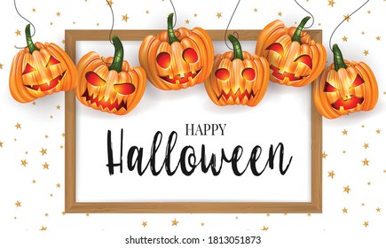 Halloween banner template. Smiling pumpkin faces. Trick or treat party invitation card. Realistic vector illustration.