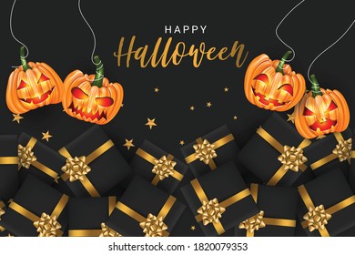 Halloween banner template. Smiling pumpkin faces and gift boxes on black background. Trick or treat party invitation card. Realistic vector illustration.