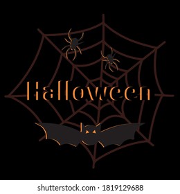 Halloween banner template for social networks with flying bats. Square Halloween banner for ads. Halloween party greeting, invitation card. Creepy postcard with spiders, pumpkin. Vector illustration