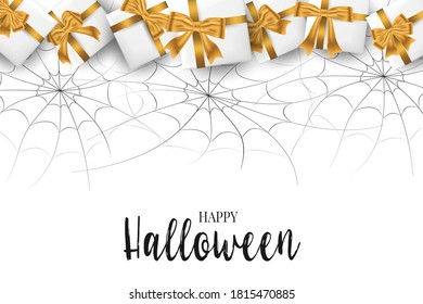 Halloween banner template. Spider web and gift boxes. Trick or treat party invitation card. Realistic vector illustration.